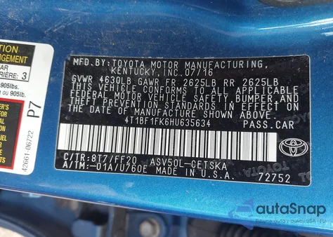 2017 Toyota Camry Se from USA, damaged, VIN 4T1BF1FK6HU635634